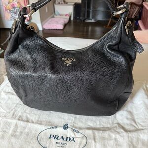 Prada Vitello Daino Black Pebbled Leather Women's Hobo Bag